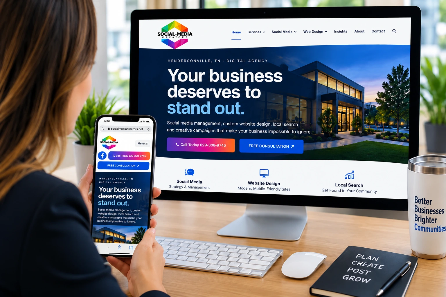 Digital agency workspace showing Social Media Creators branding on desktop and mobile screens