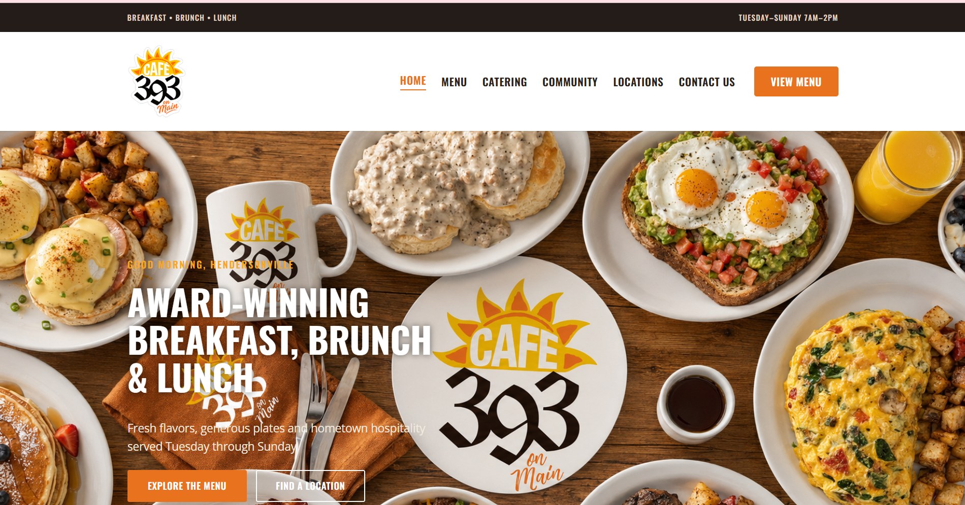 Original Café 393 website homepage showing its logo, breakfast photography, and navigation