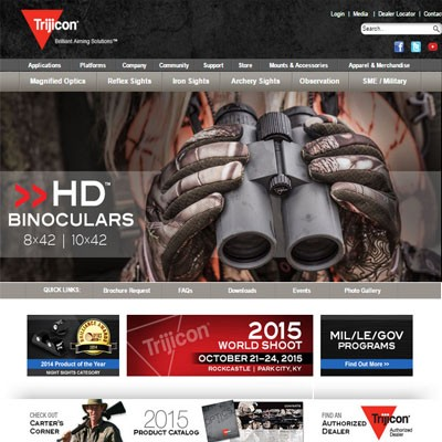 Original Trijicon website screenshot featuring binoculars and product navigation